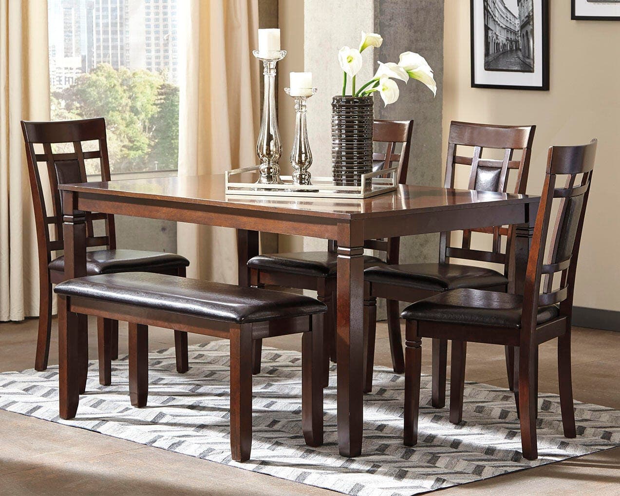 Bennox Dining Table and Chairs with Bench (set of 6)