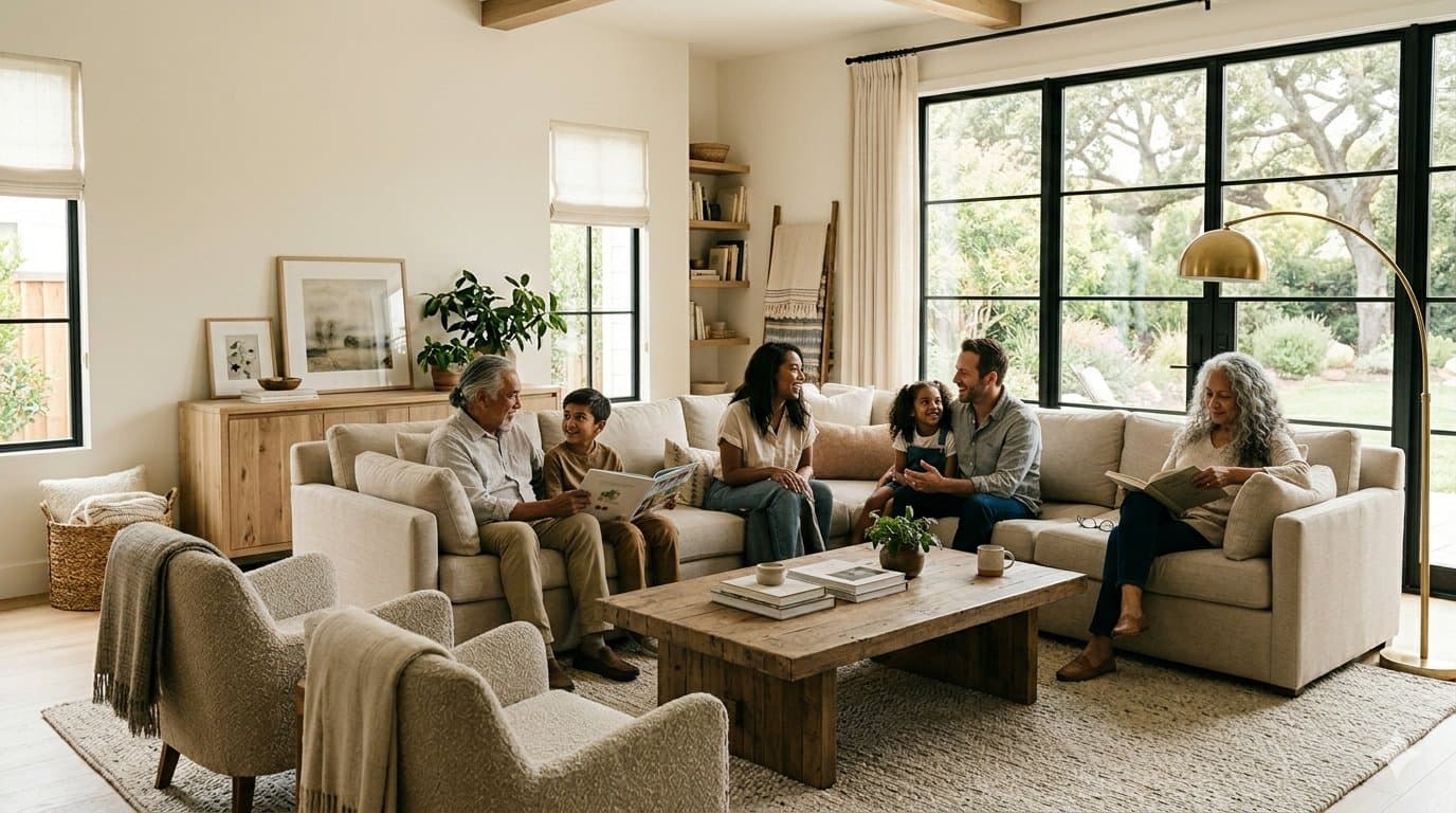 A family gathered in a sunlit California living room with a sectional sofa, accent chairs, and a wooden coffee table